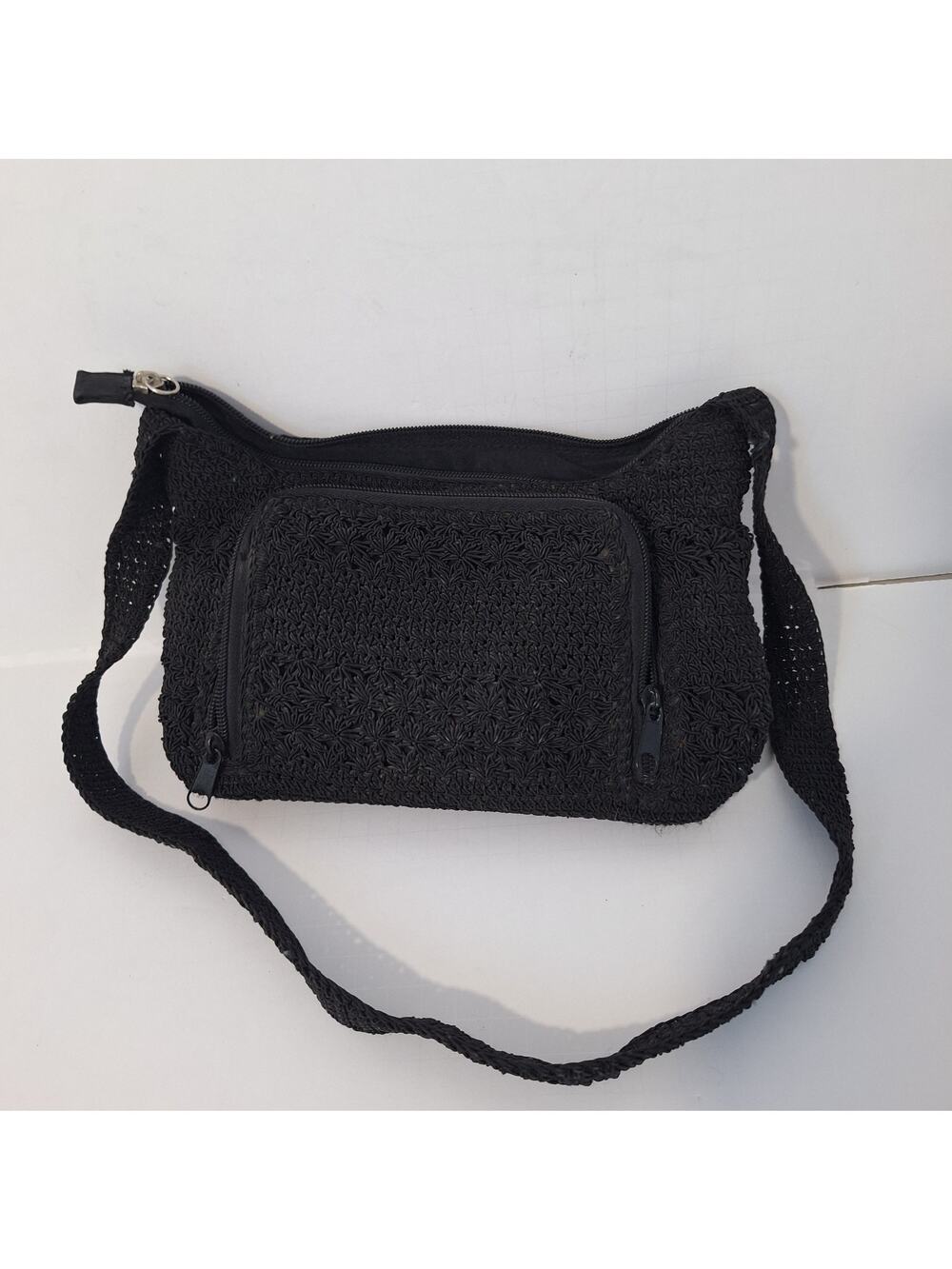 Vintage Y2k Amanda Smith Shoulder Handbag Purse Black Crochet Boho Festival